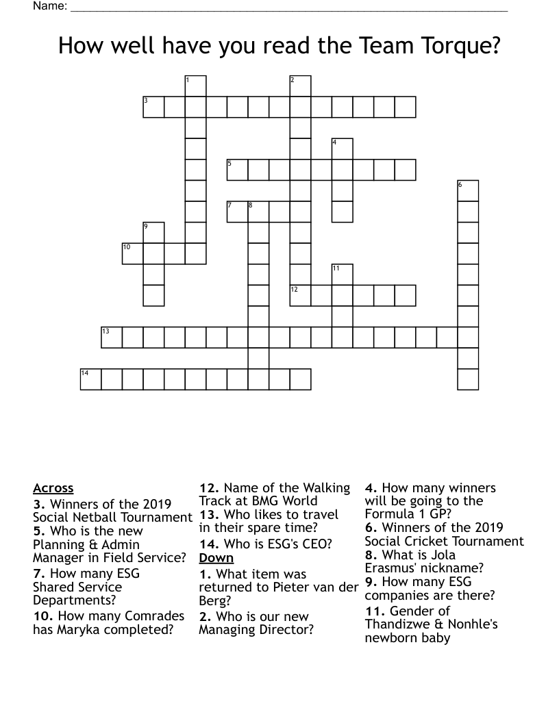 How well have you read the Team Torque? Crossword