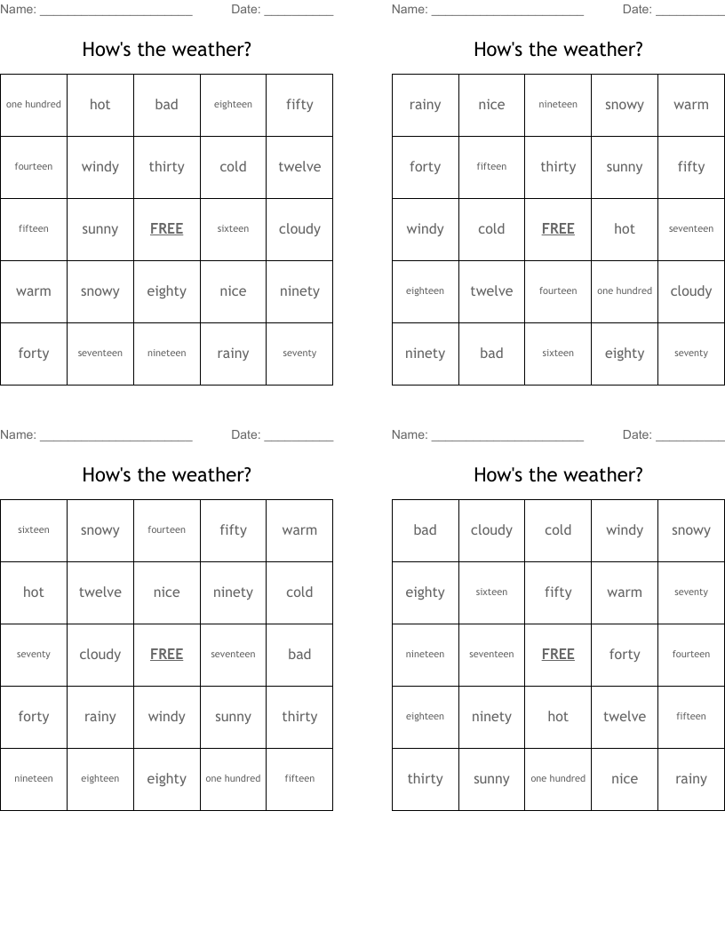 How's the weather? Bingo Cards