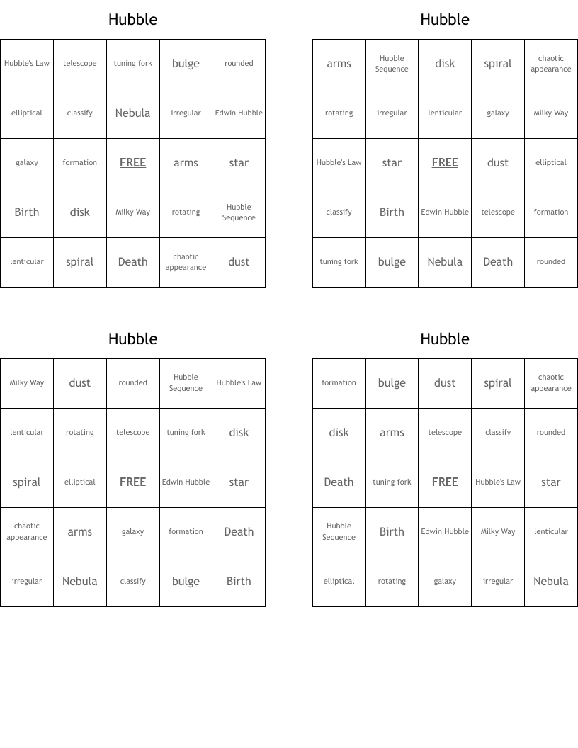 Hubble Bingo Cards