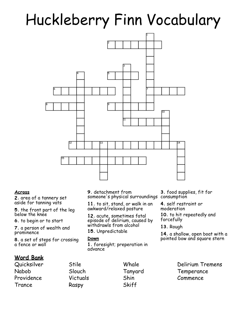 Huckleberry Finn Vocabulary Crossword