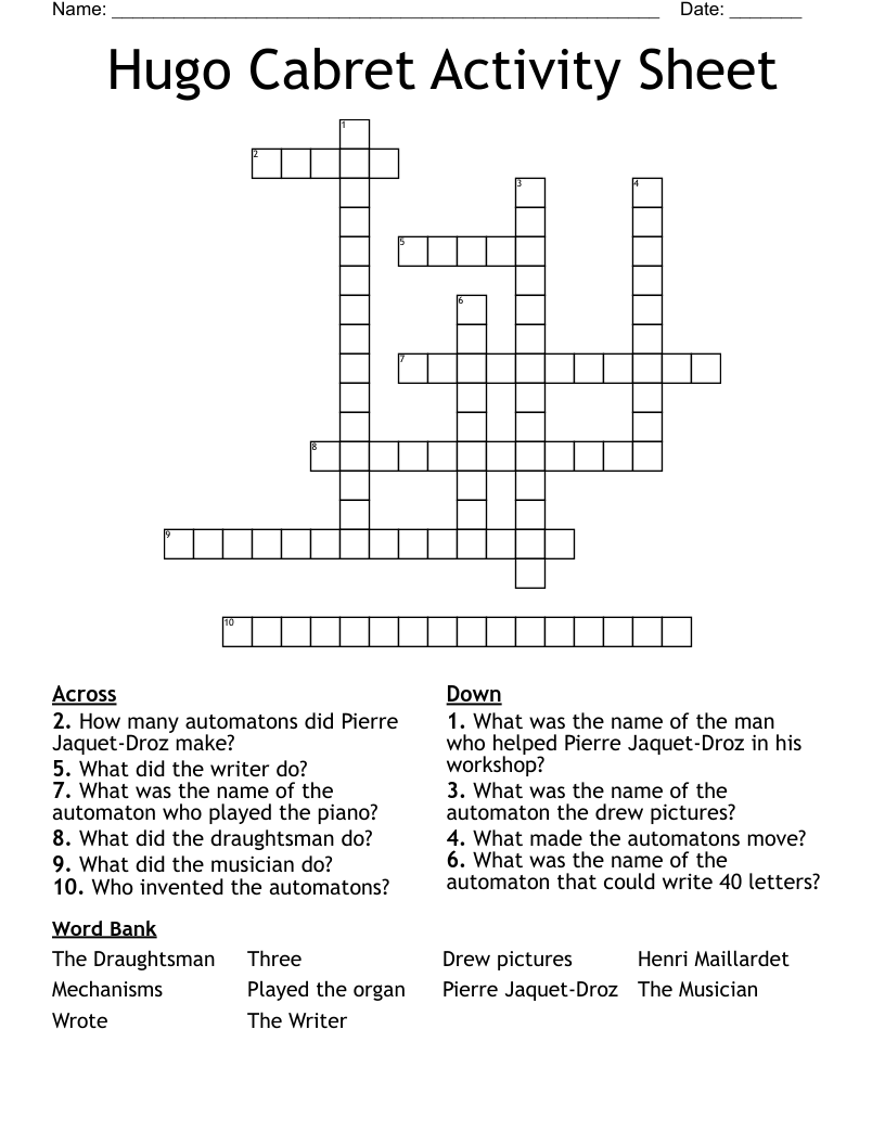 Hugo Cabret Activity Sheet Crossword