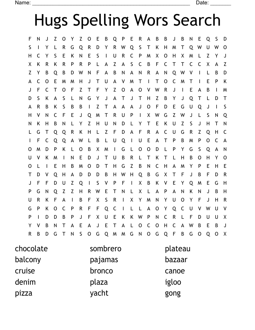 Hugs Spelling Wors Search Word Search