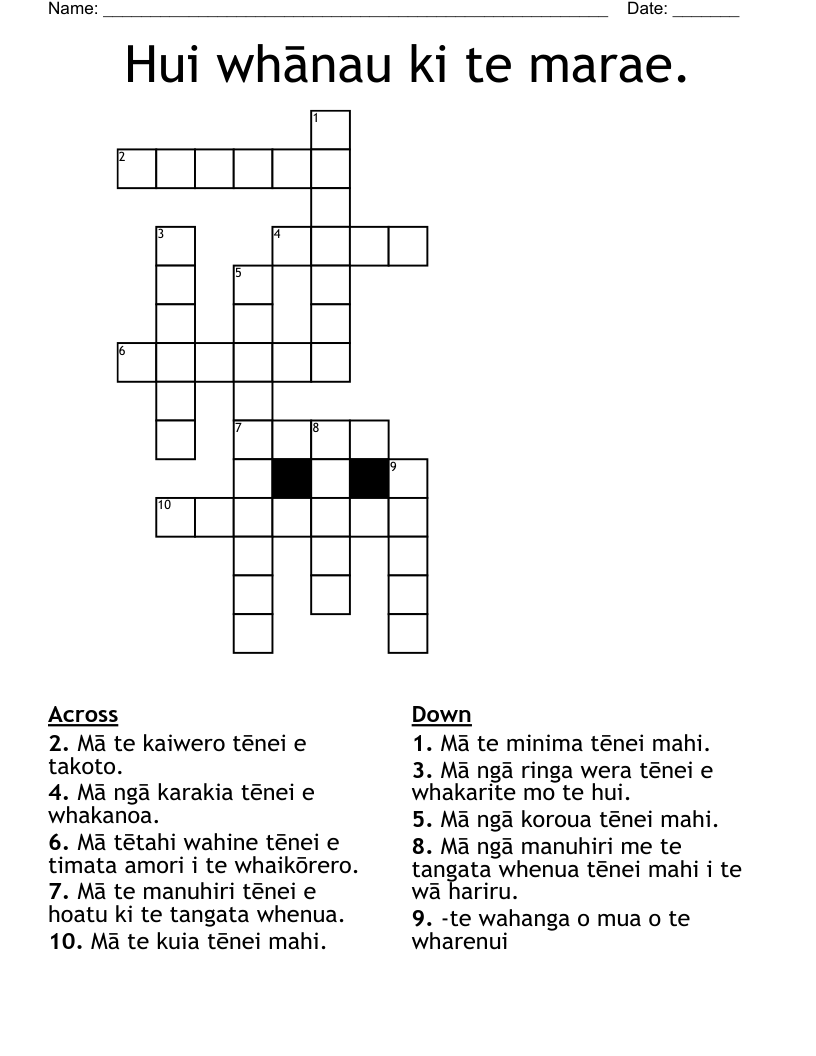 Hui whānau ki te marae. Crossword