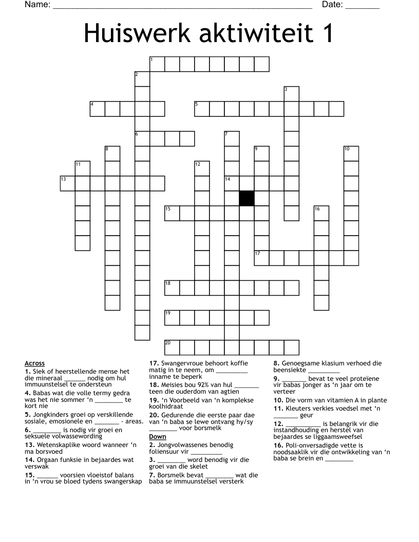 Huiswerk aktiwiteit 1 Crossword