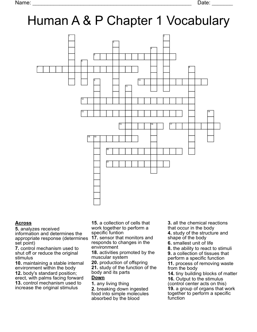 Human A & P Chapter 1 Vocabulary Crossword