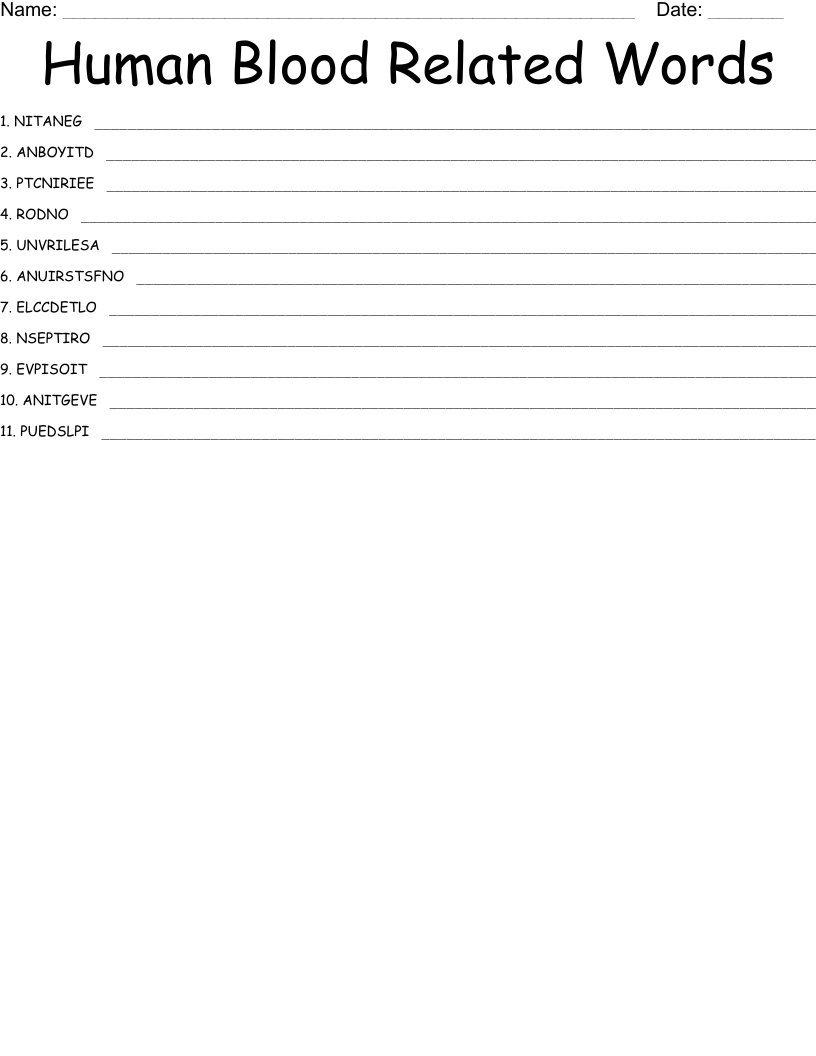 Human Blood Related Words Word Scramble
