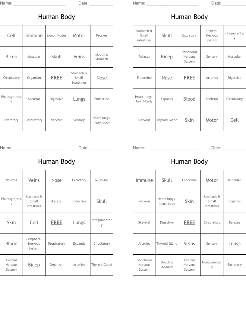 Human Body Bingo Cards