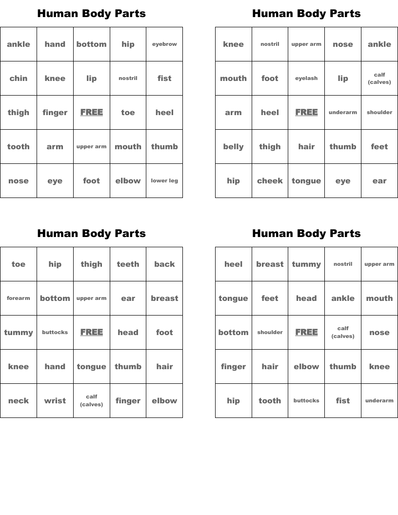 Human Body Parts Bingo Cards