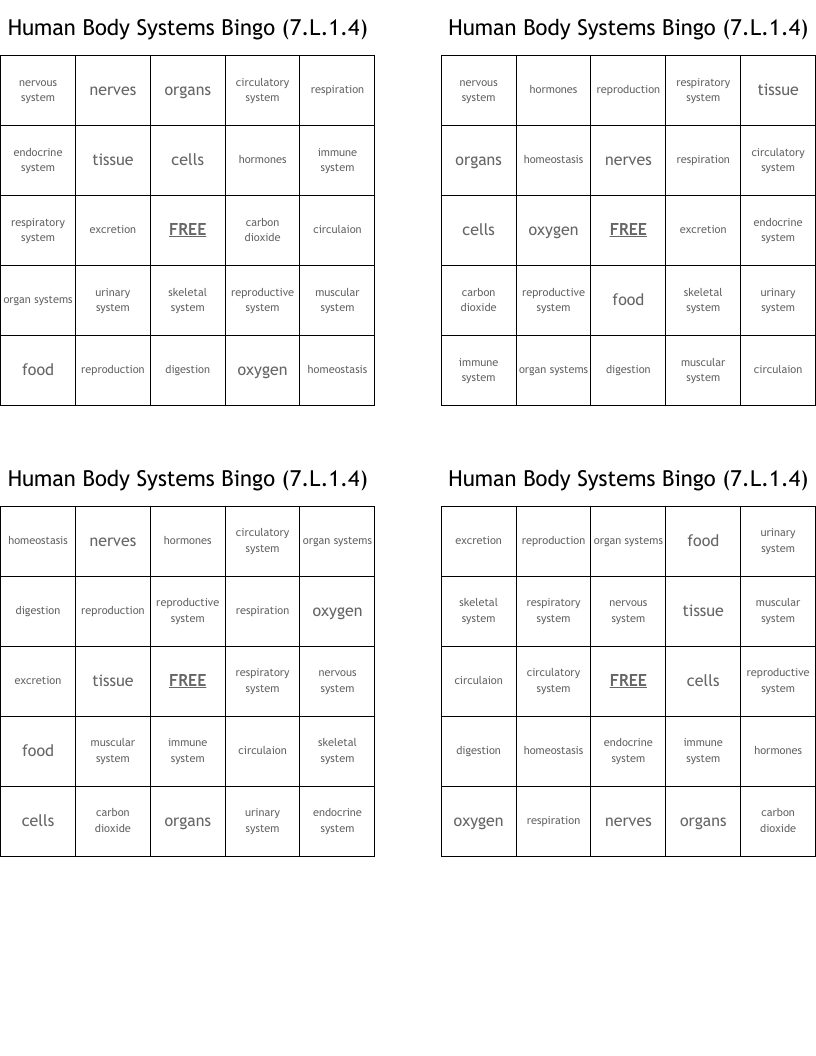 Human Body Systems Bingo (7.L.1.4)