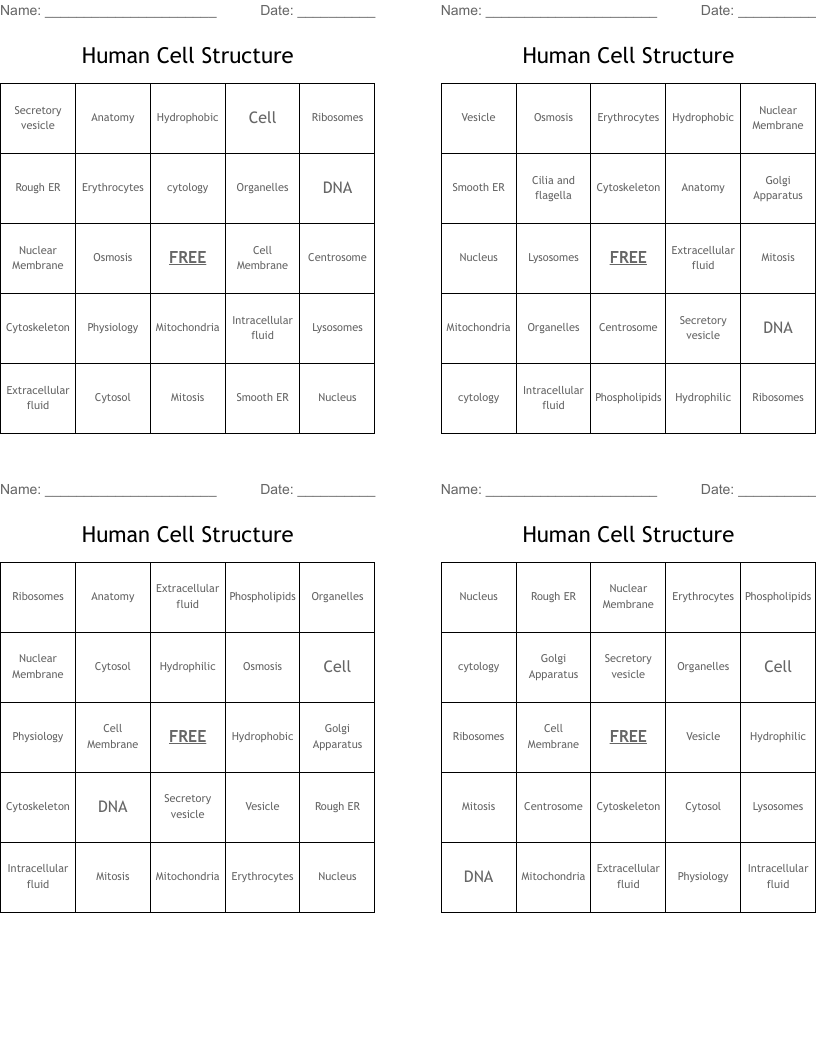 Human Cell Structure Bingo Cards