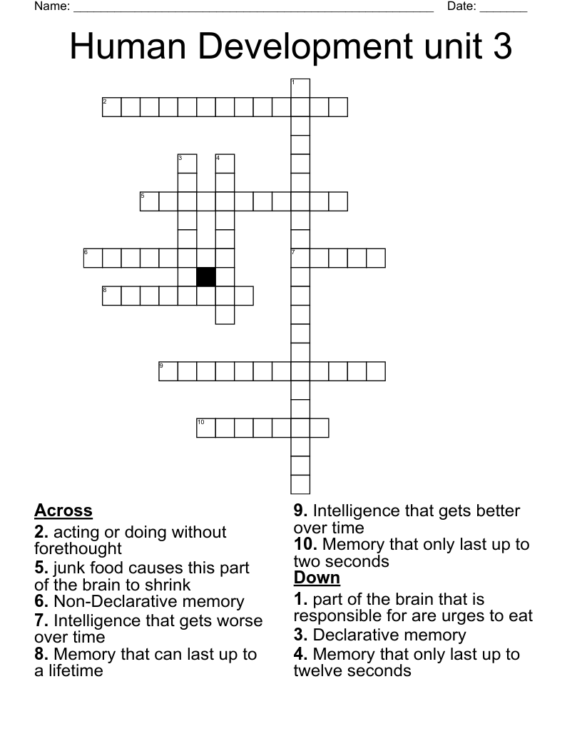 Human Development unit 3  Crossword
