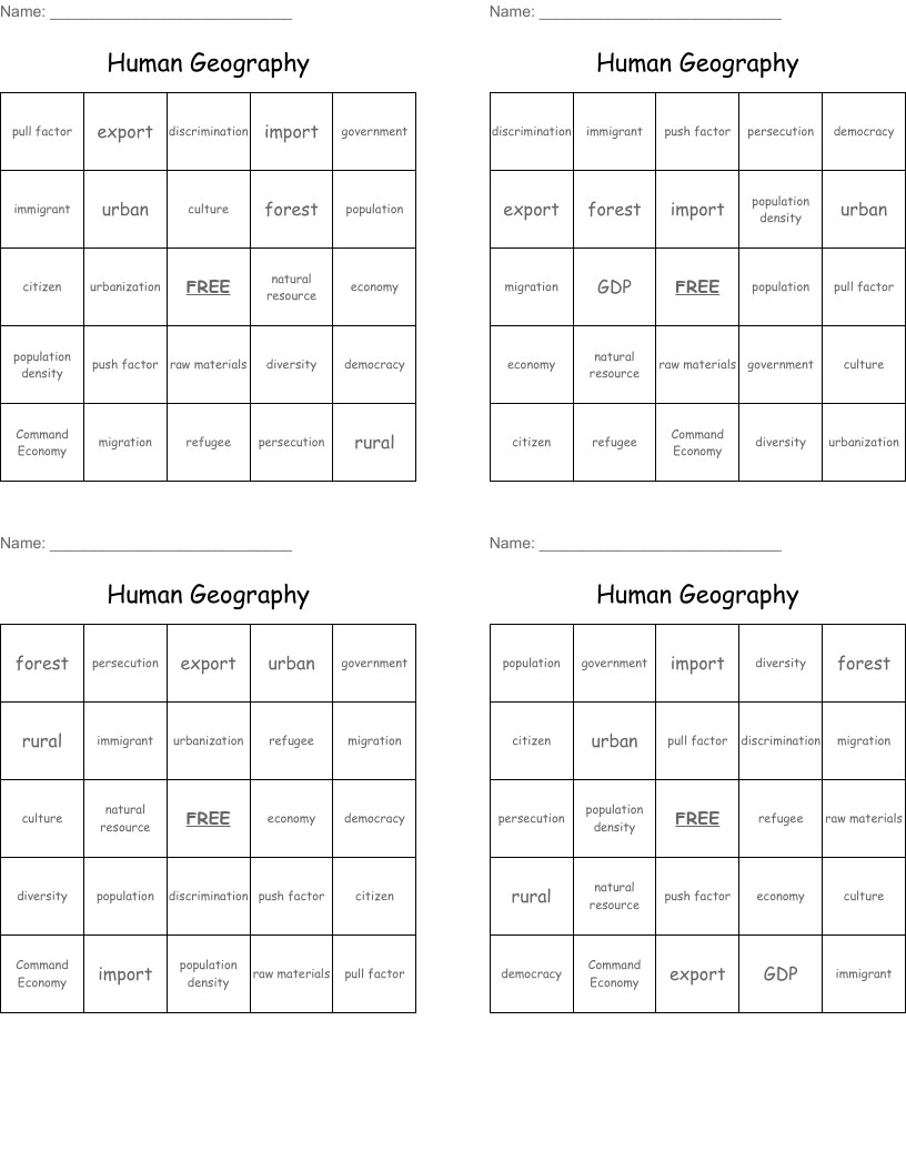 Human Geography Bingo Cards