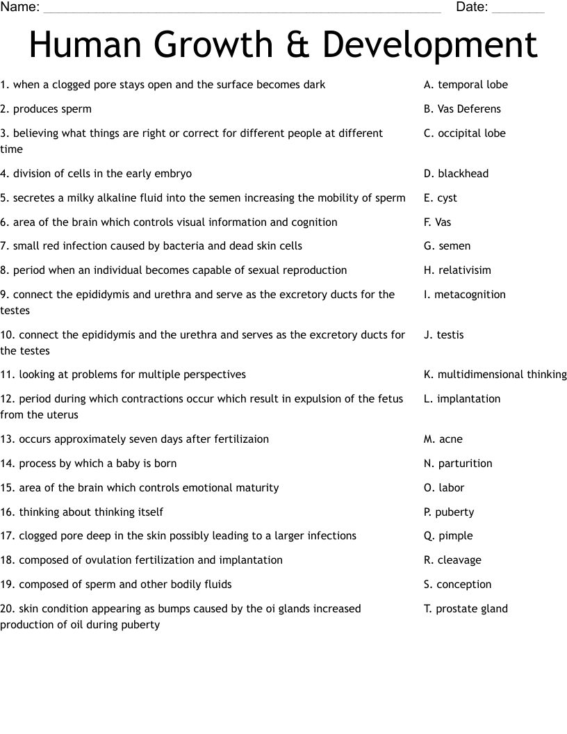 Human Growth & Development Worksheet