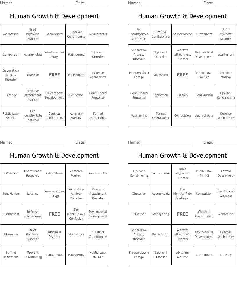 Human Growth & Development  Bingo Cards
