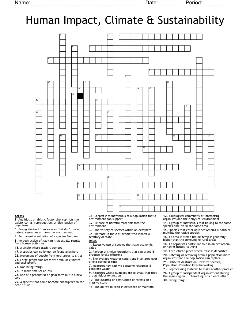Human Impact, Climate & Sustainability Crossword