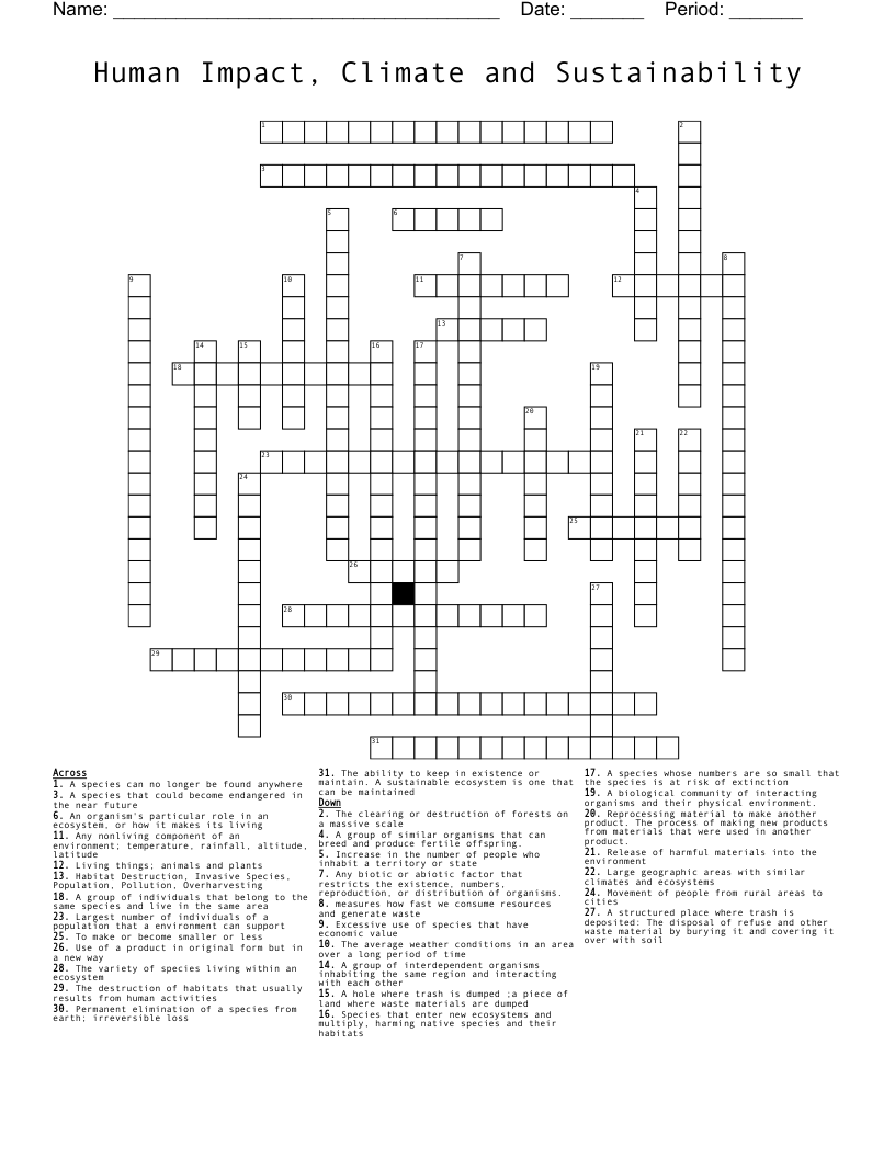 Human Impact, Climate and Sustainability Crossword