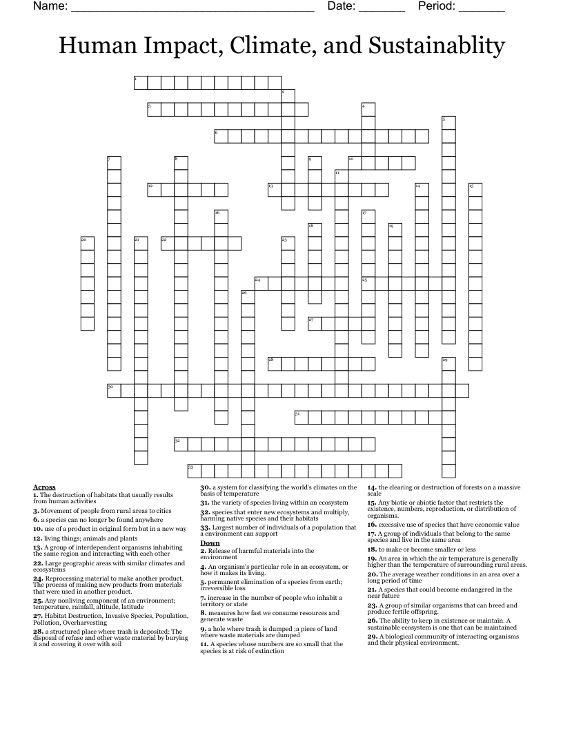 Human Impact, Climate, and Sustainablity Crossword