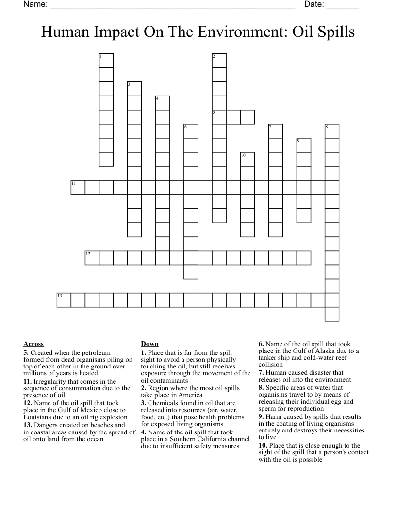 Human Impact On The Environment: Oil Spills Crossword