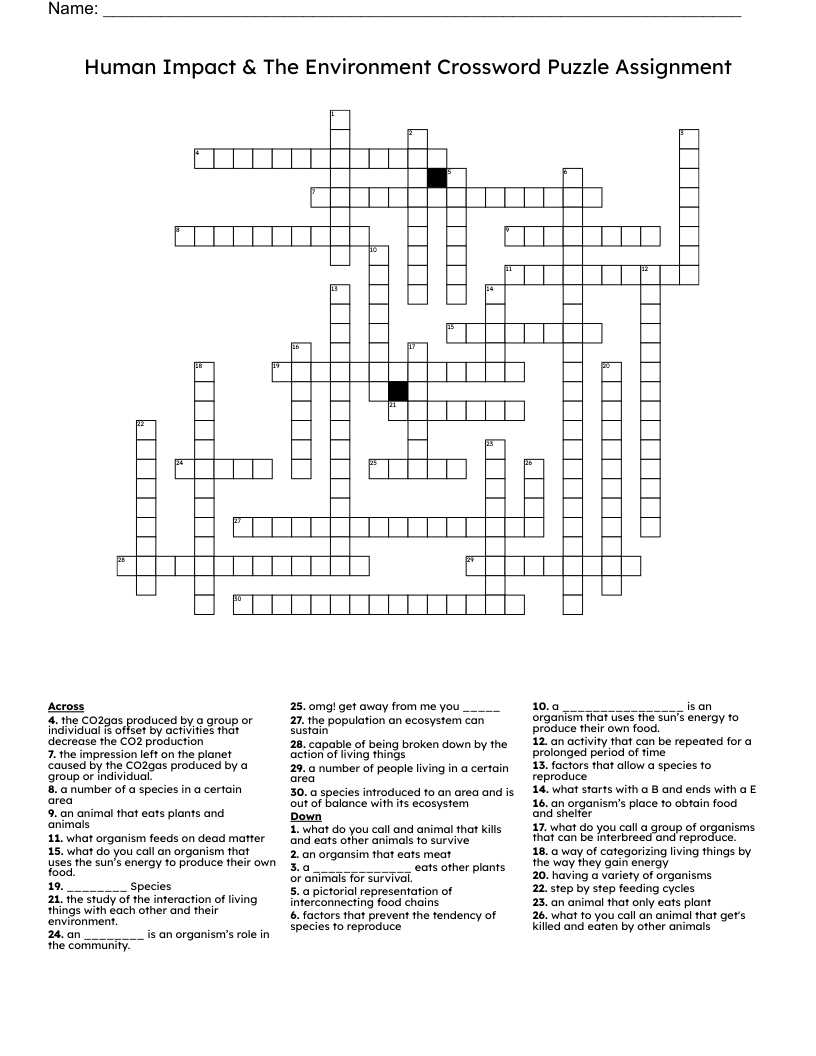 Human Impact & The Environment Crossword Puzzle Assignment