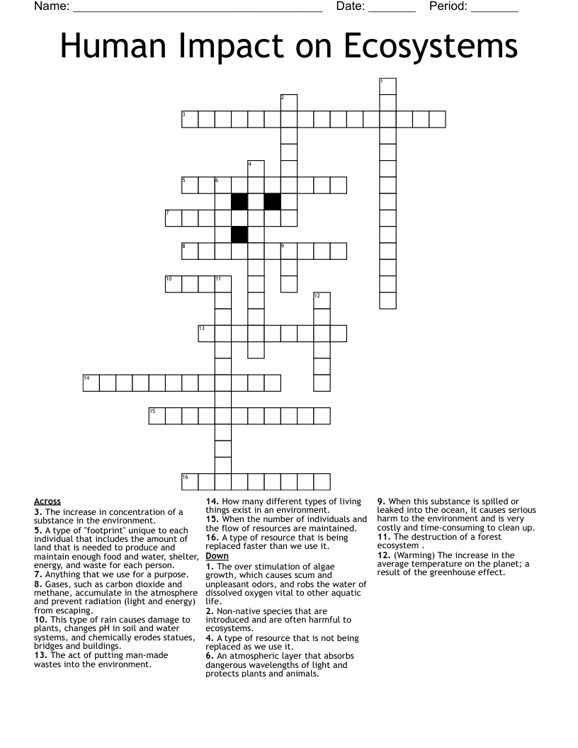 Human Impact on Ecosystems Crossword
