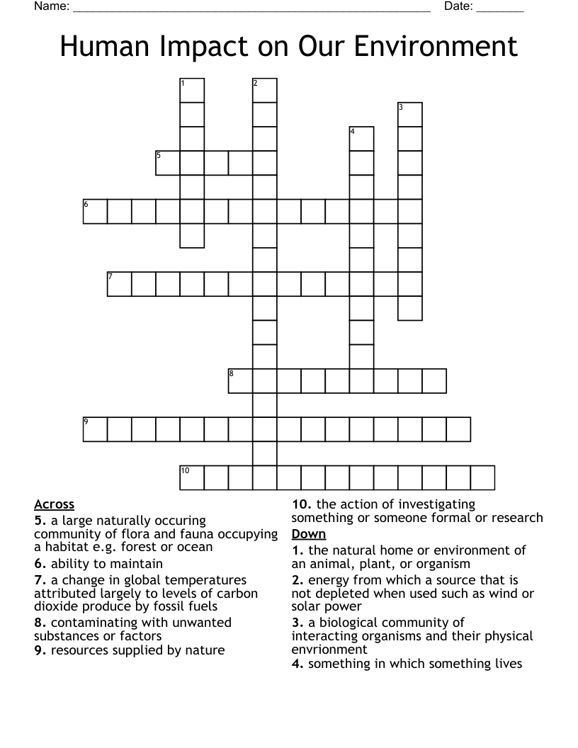 Human Impact on Our Environment Crossword