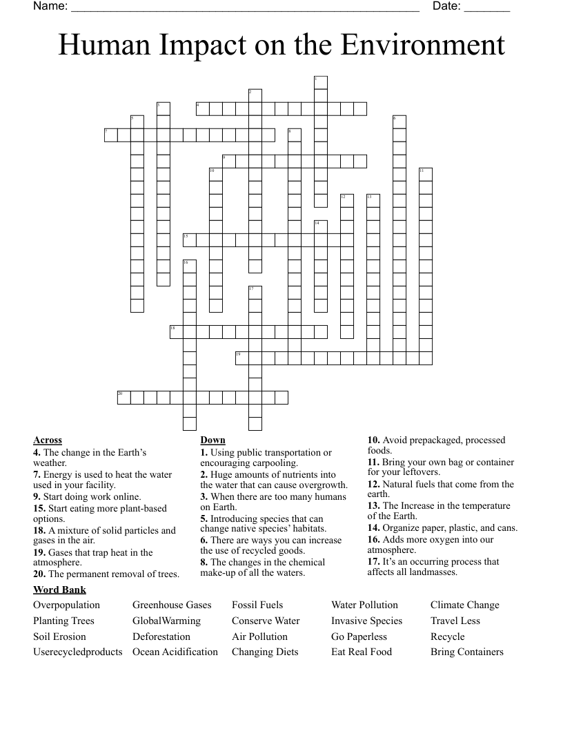 Human Impact on the Environment Crossword