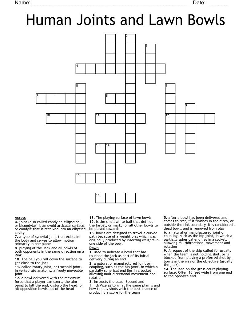 Human Joints and Lawn Bowls Crossword