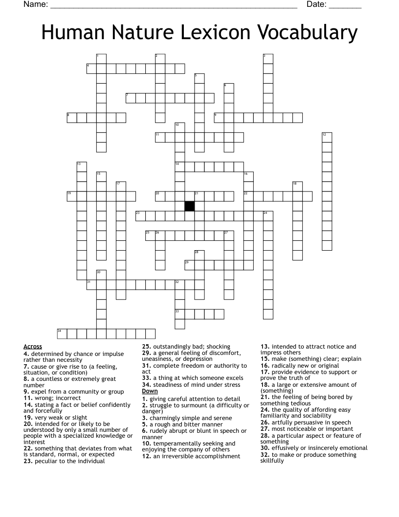 Human Nature Lexicon Vocabulary Crossword