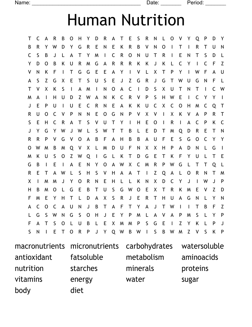 Human Nutrition Word Search
