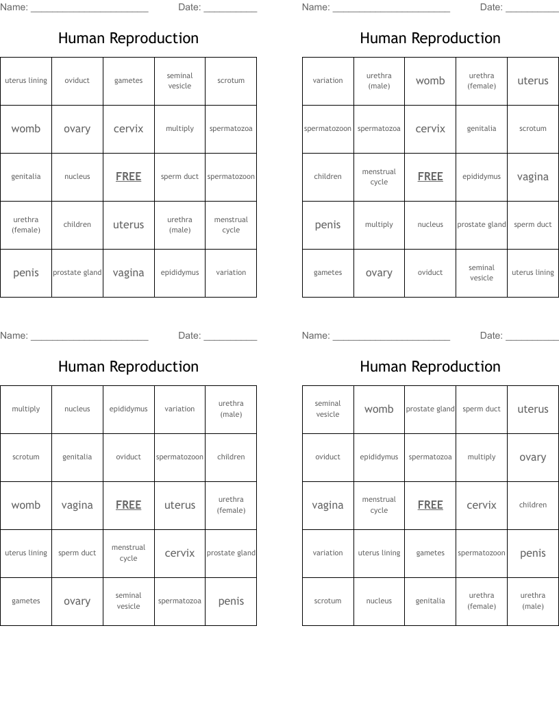 Human Reproduction Bingo Cards
