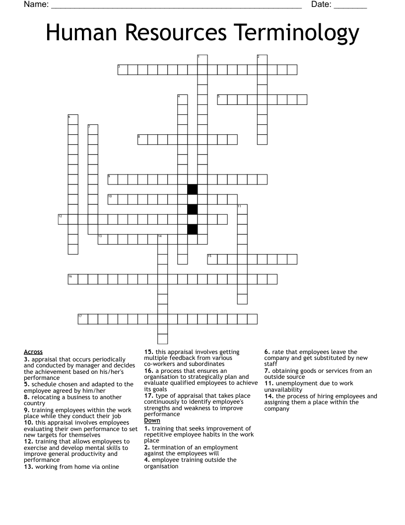 Human Resources Terminology  Crossword