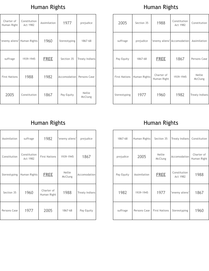 Human Rights Bingo Cards