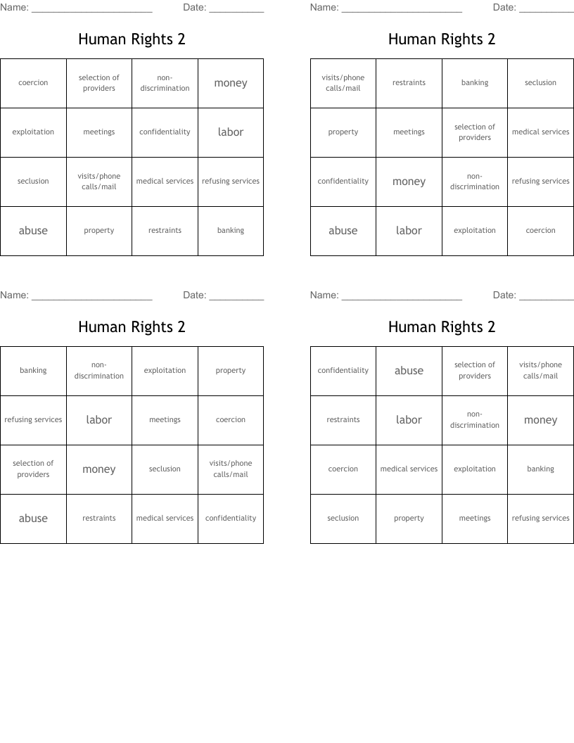 Human Rights 2 Bingo Cards