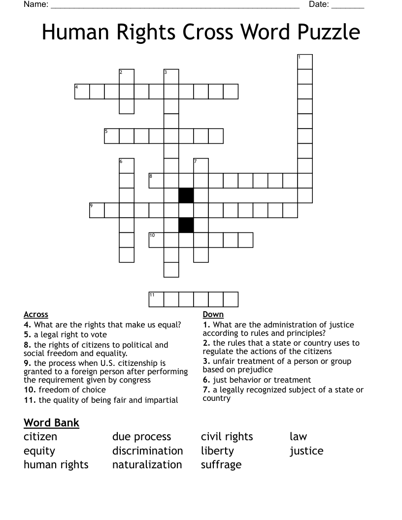 Human Rights Cross Word Puzzle