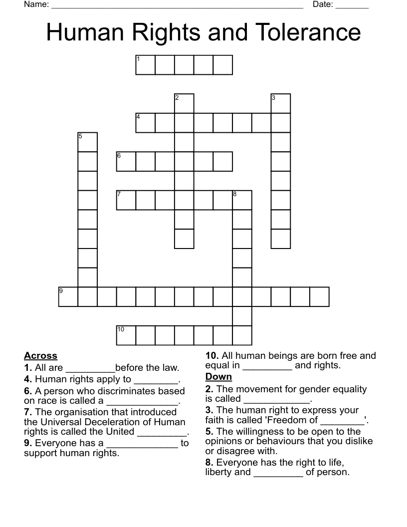 Human Rights and Tolerance  Crossword