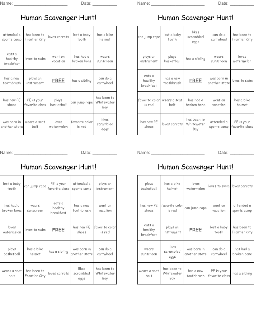 Human Scavenger Hunt! Bingo Cards
