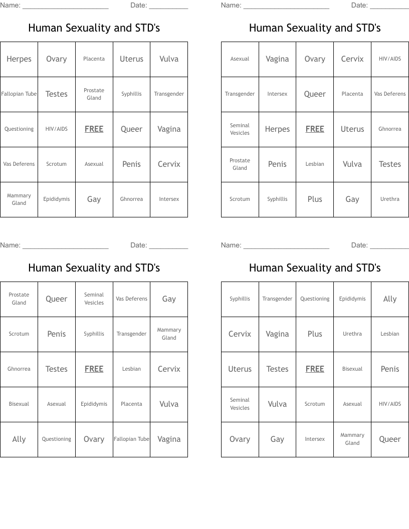 Human Sexuality and STD's Bingo Cards