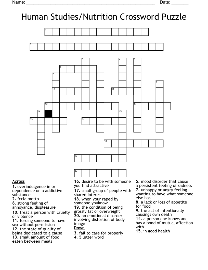 Human Studies/Nutrition Crossword Puzzle