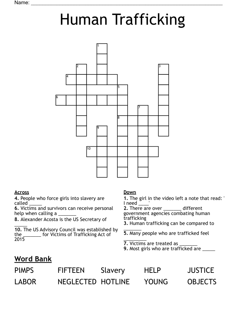 Human Trafficking Crossword