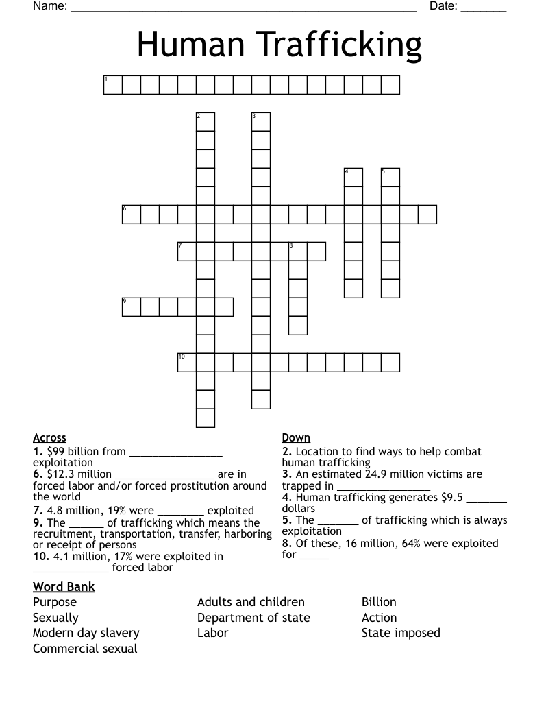 Human Trafficking Crossword