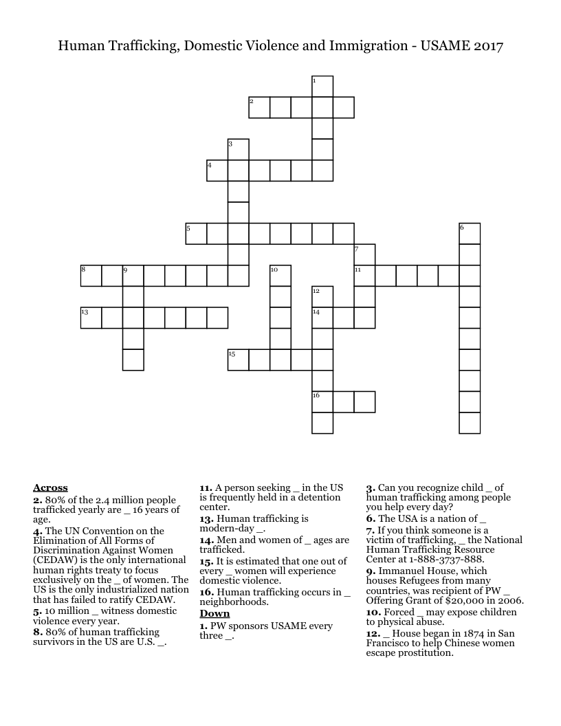 Human Trafficking, Domestic Violence and Immigration - USAME 2017 Crossword