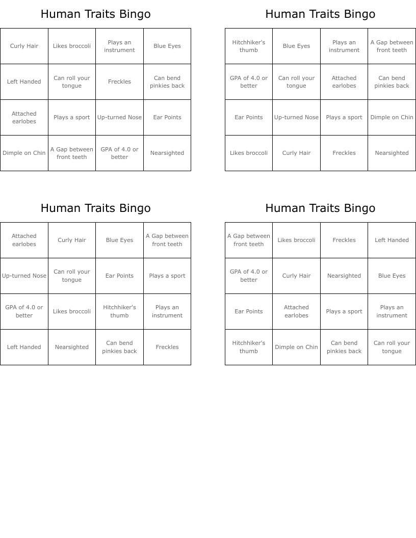 Human Traits Bingo