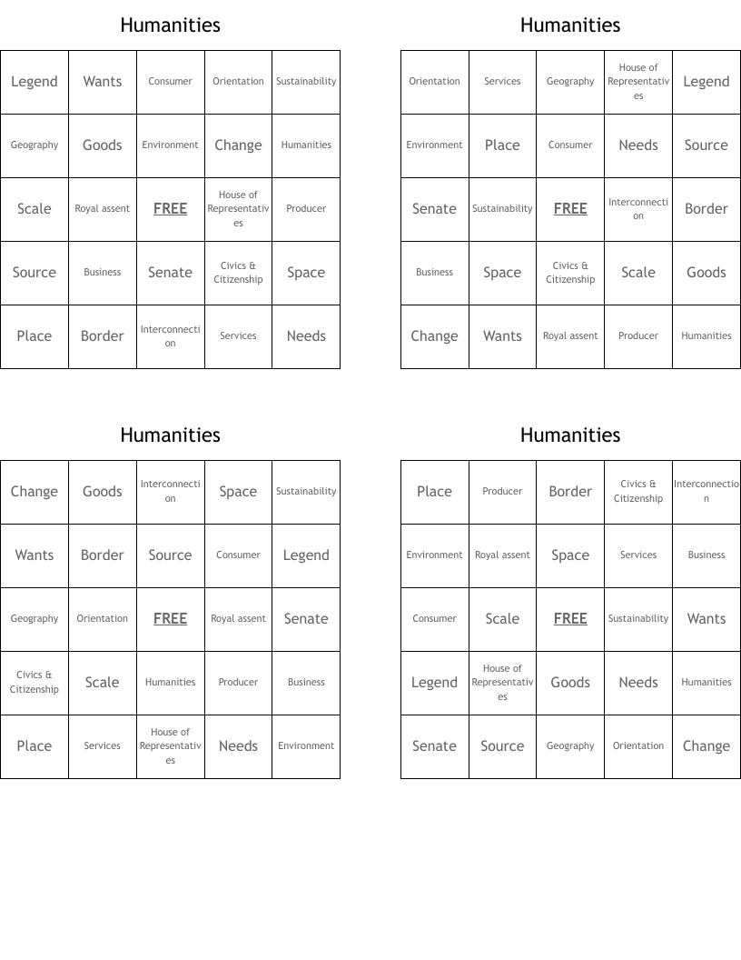 Humanities Bingo Cards