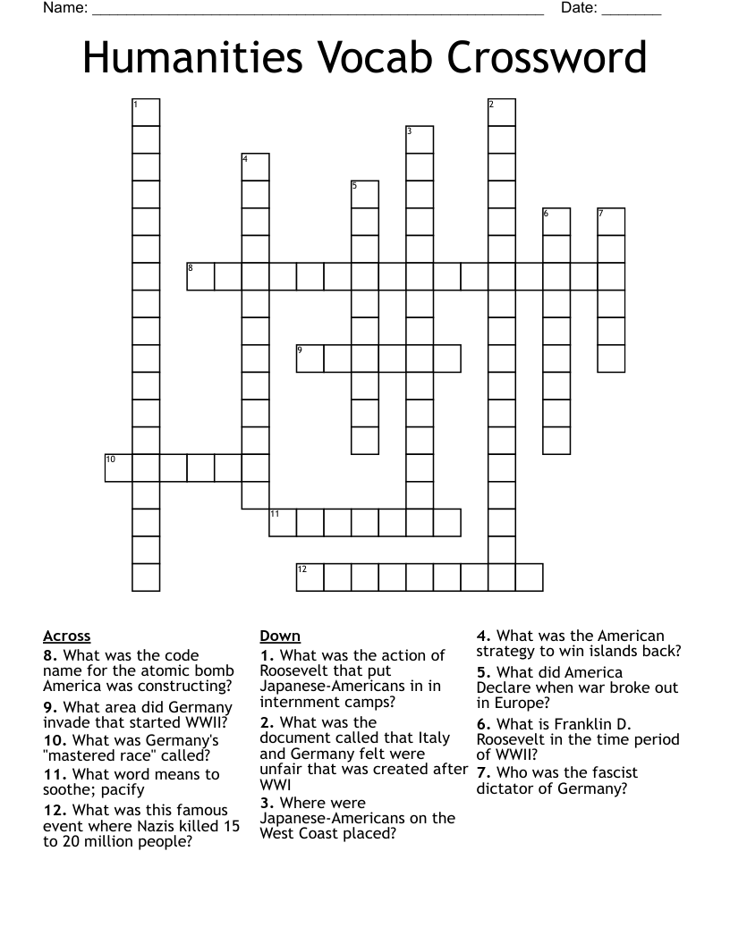 Humanities Vocab Crossword 