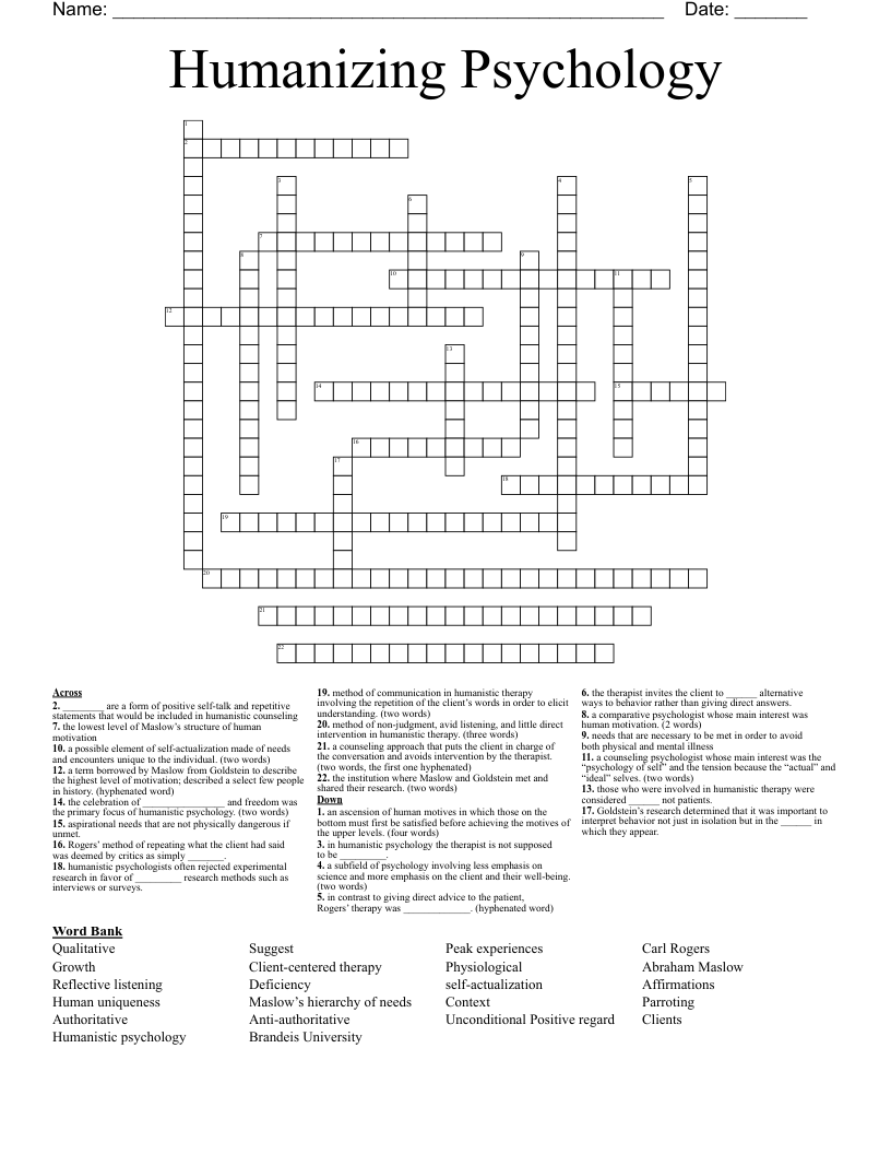 Humanizing Psychology Crossword