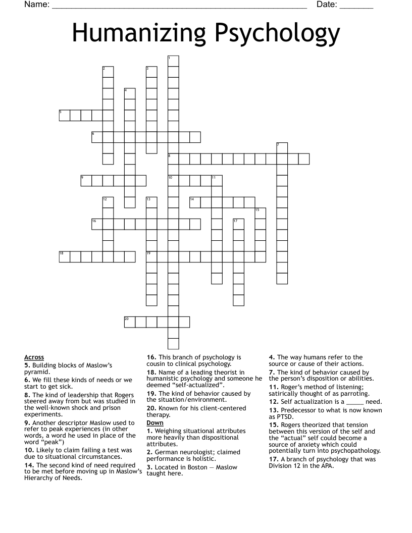 Humanizing Psychology Crossword