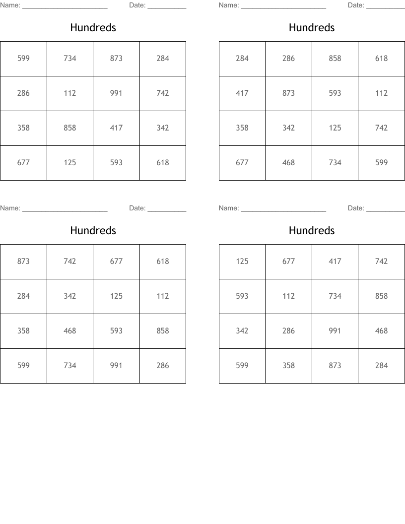 Hundreds Bingo Cards
