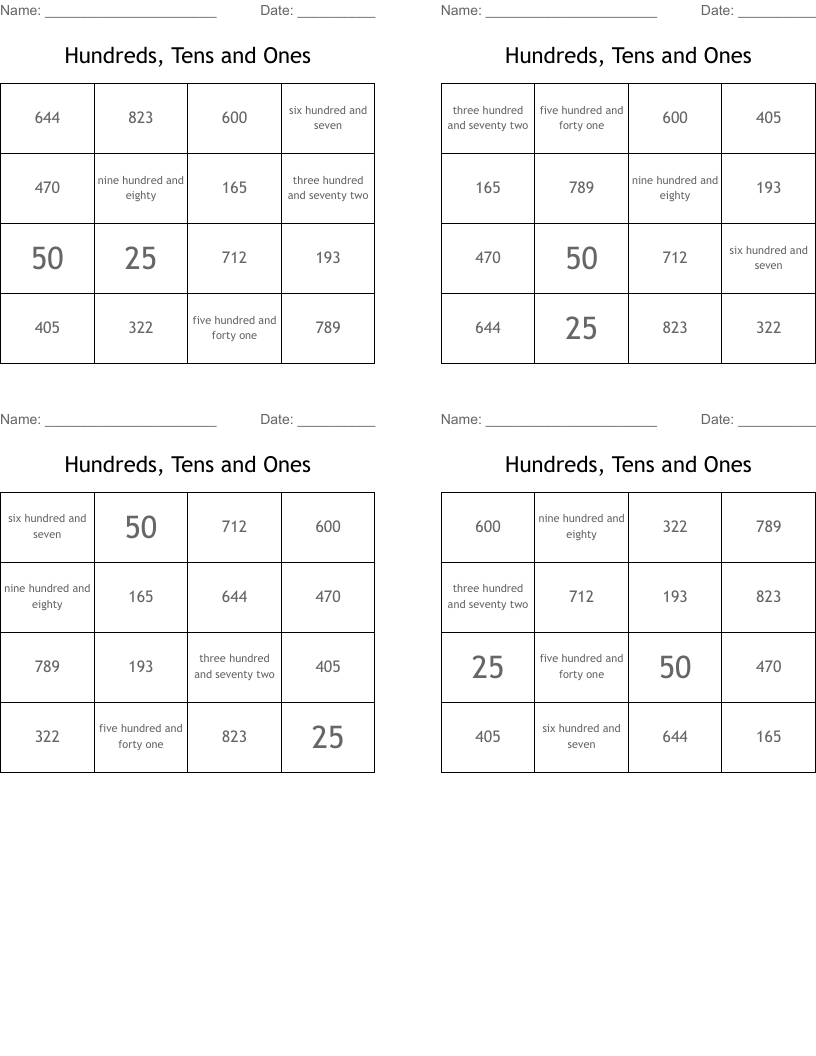 Hundreds, Tens and Ones   Bingo Cards