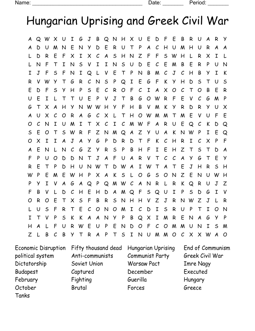 Hungarian Uprising and Greek Civil War Word Search