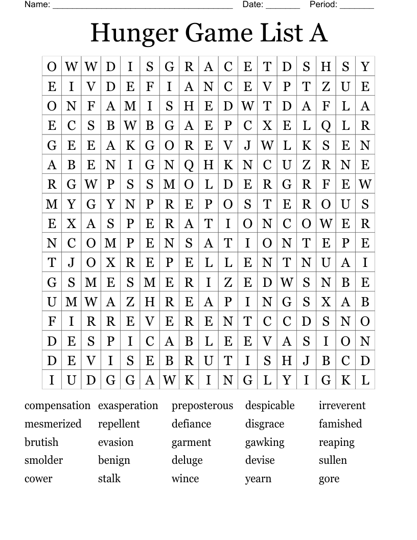 Hunger Game List A Word Search